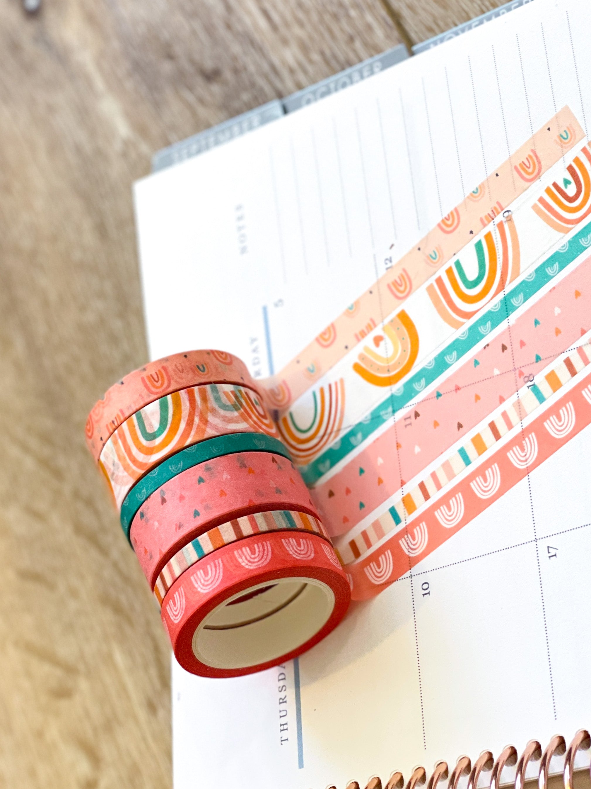 Boho Rainbows Peach Summer Pink Hearts Stripes Washi Tape Set (#W059)